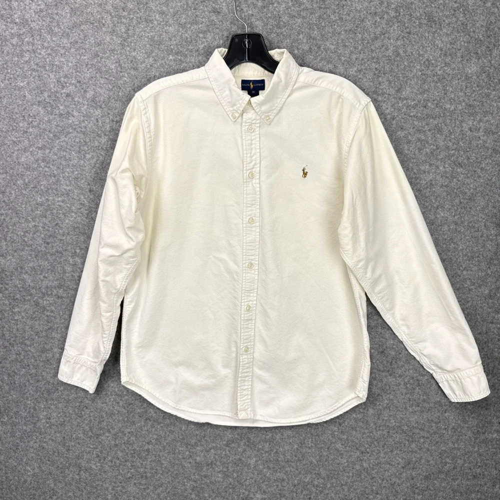Ralph Lauren Boys Button Down Shirt Size 20 Off-White Cotton Oxford Pony Logo